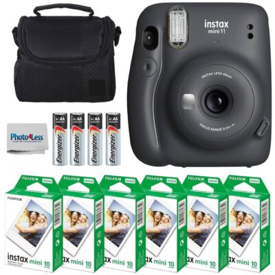 Fujifilm Instax Mini 11 Instant Camera – Charcoal Grey (16654786) + Fuji Instax Mini Twin Pack Instant Film (60 Sheets) + Batteries + Case – Instant Camera Bundle