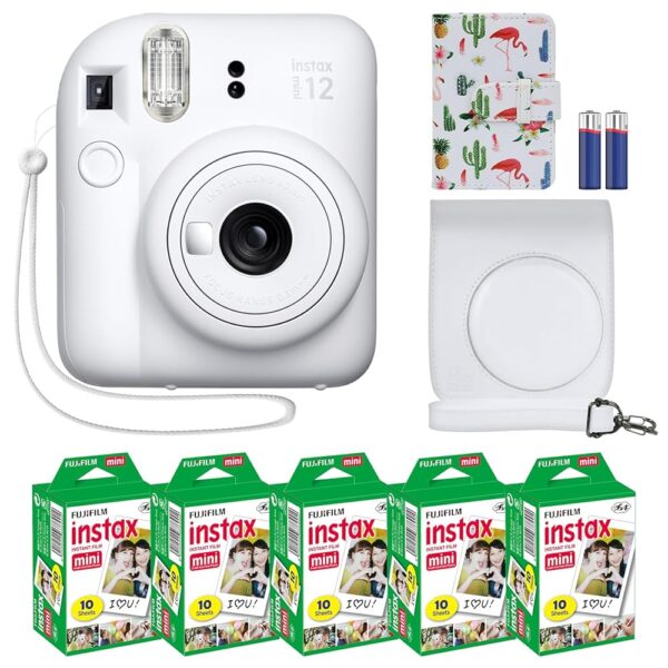 Fujifilm Instax Mini 12 Instant Camera + MiniMate Accessory Bundle & Compatible Custom Case + Fuji Instax Film Value Pack (50 Sheets) Flamingo Designer Photo Album (Ice White)