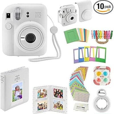 Fujifilm Instax Mini 12 Instant Camera with Case, Decoration Stickers, Frames, Photo Album and More Accessory kit… (Clay White)