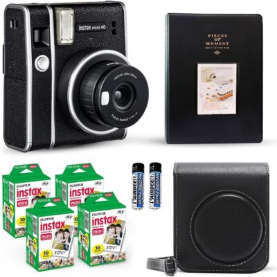 Fujifilm Instax Mini 40 Instant Camera Vintage Black. + Fujifilm Value Pack (40 Sheets) + Shutter Accessories Bundle, Includes Vintage Style Compatible Carrying Case, Black…