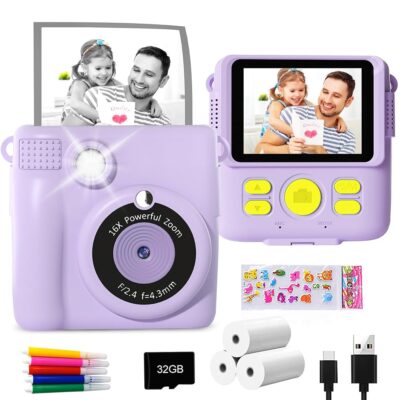 GKTZ Instant Print Camera for Kids – 1080P HD Instant Print Photo – Christmas Birthday Gifts for Age 4 5 6 7 8 9 10 Girls Boys – Portable Toy with 3 Rolls Photo Paper, 32GB…