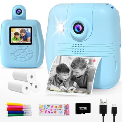 GKTZ Kids Camera Instant Print – 1080P HD Instant Print Photo – Christmas Birthday Gifts for Age 4 5 6 7 8 9 10 Girls Boys – Portable Toy with 3 Rolls Photo Paper, 32GB Card, 5…