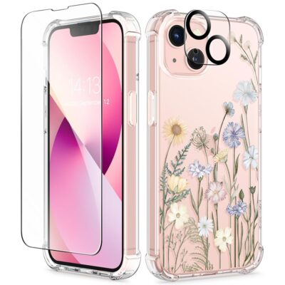 GVIEWIN Designed for iPhone 13 Case 6.1 Inch, with Tempered Glass Screen Protector + Camera Lens Protector Clear Flower Soft & Flexible Slim Shockproof Floral Women Phone Cover…