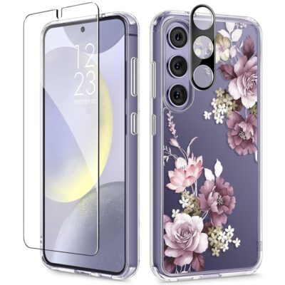 GVIEWIN for Samsung Galaxy S24 Plus Case with Screen Protector+Camera Lens Protector, Clear Stylish Floral Pattern Slim Protective S24+ Plus Cover for Women 6.7″ (Cherry…