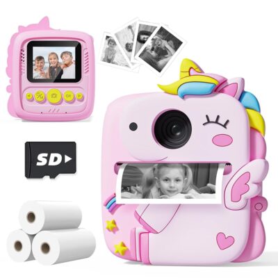 Instant Print Camera for Kids, Christmas Birthday Gifts for 3-8 Year Old Boys Girls, 1080P Kids Digital Camera Toys for Kids Age 3 4 5 6 7 8 with Silicone Cover-Pink