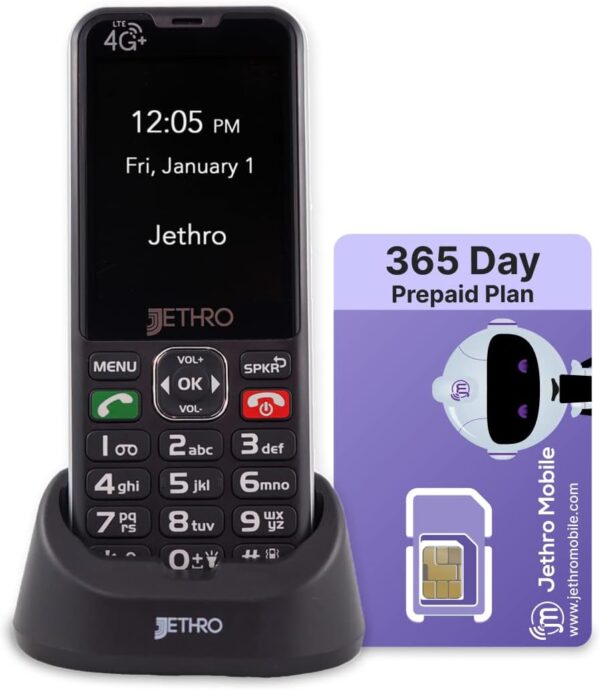 Jethro SC490 4G Unlocked Senior Cell Phone/Plan 1-Year Unlimited Talk & Text, SIM Card Included, Easy-to-Use for Elders & Kids, Big Screen & Buttons