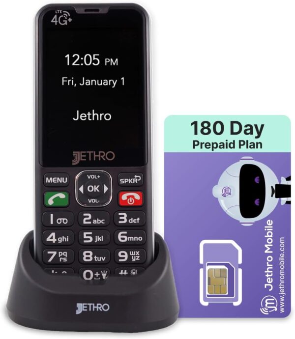 Jethro SC490 4G Unlocked Senior Cell Phone/Plan 6 Months, Unlimited Talk & Text, SIM Card Included, Easy-to-Use for Elders and Kids, Big Screen and Buttons, FCC Certified