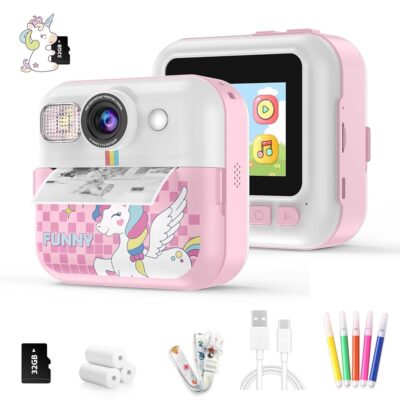 Kids Camera Instant Print Camera,3-9 Year Old Girl Birthday Gift,Instant Print Camera with 32g Card & Print Photo Paper,1080p Hd Video Toddler Camera,Portable Toys for Kids