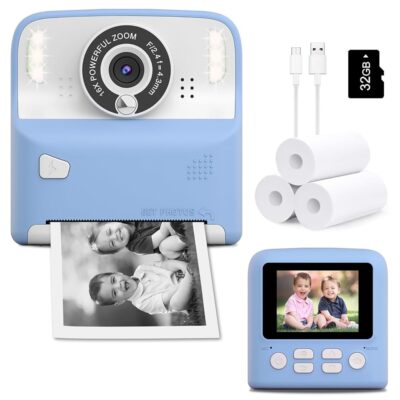 Kids Camera Instant Print Photos Christmas Birthday Gifts for Boys Girls Age 3-12 HD Digital Video Cameras for Toddler Portable Toy for 3 4 5 6 7 8 9 Year Old Children with 32GB…