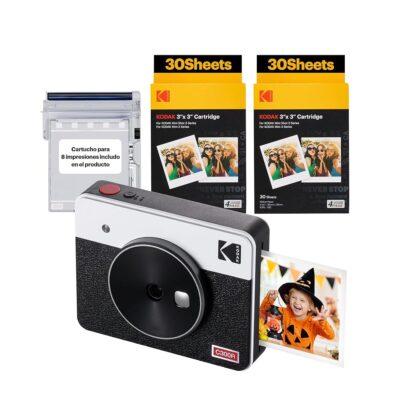 KODAK Mini Shot 3 Retro 4PASS 2-in-1 Instant Digital Camera and Photo Printer (3×3 inches) + 60 Sheets Cartridge Bundle, White