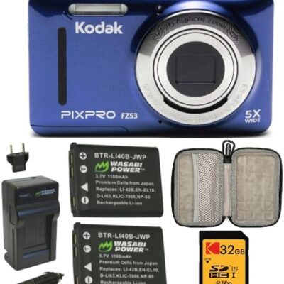 KODAK PIXPRO Friendly Zoom FZ53 Digital Camera with 2.7-Inch LCD (Blue) with Hardshell Travel Case, 32GB SD Card, and Spare Battery & Travel Charger Bundle (4 Items)