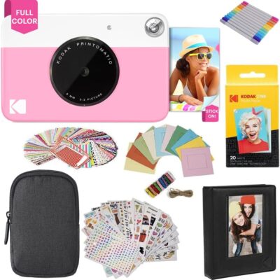 KODAK Printomatic Full-Color Instant Print Digital Camera Colorful Photos On Zink 2×3″ Sticky-Back Photo Paper 5MP Gift Bundle: Case + Zink 2×3″ 20pk + Album + Stickers + Frames…