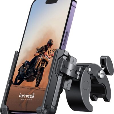 Lamicall Motorcycle Phone Mount Holder – [Camera Friendly] [1s Lock] Bike Phone Holder Handlebar Clamp, Bicycle Scooter Phone Clip, for iPhone 16 Pro Max, 15 14 13 Mini,…