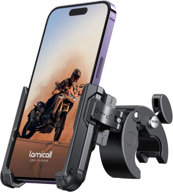 Lamicall Motorcycle Phone Mount Holder - [Camera Friendly] [1s Lock] Bike Phone Holder Handlebar Clamp, Bicycle Scooter Phone Clip, for iPhone 16 Pro Max, 15 14 13 Mini,...