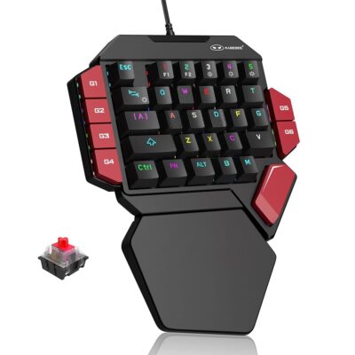 MageGee One Handed Professional Gaming Keyboard, RGB Backlit 35 Keys Mini Wired Mechanical Keyboard with Red Switch for PC Gamer, Support 6 Macro Keys – Black/Red