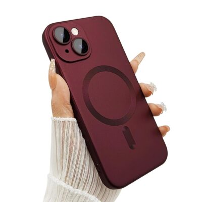 Magnetic case for iPhone 13 Phone Case for Women/Men, Matte Luxury Soft Metallic Luster Design with Camera Lens Protector, Compatible with Magsafe Case for iPhone 13 6.1″-Wine Red