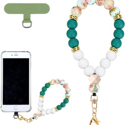 Marble Silicone Beaded Phone Wrist Strap, Cellphone Lanyard with Tether Tab, Elastic Hands-Free Wristlet Bracelet