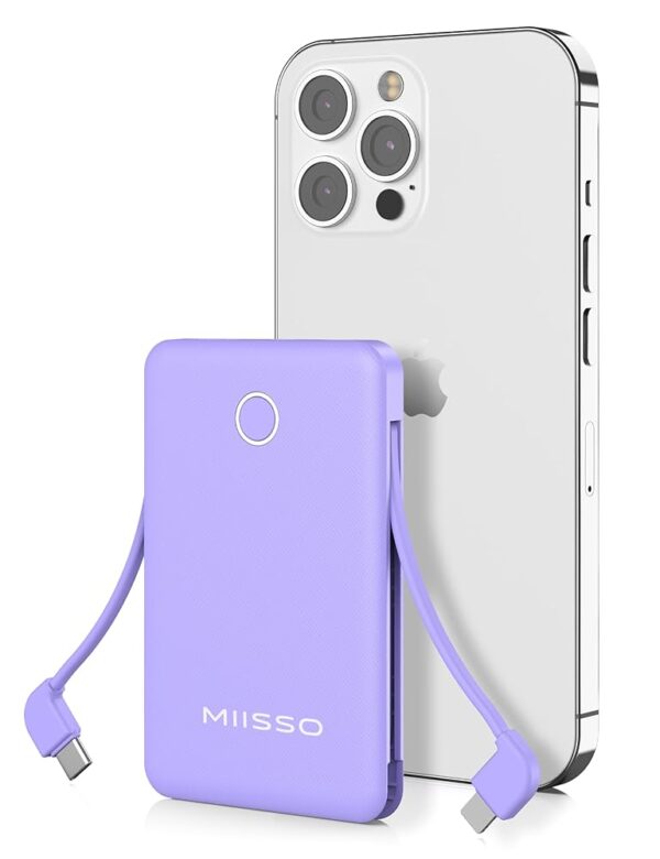 miisso 6000mah Ultra Slim Built in Cables Power Bank, Card Size Built in USB C Cords Battery Pack Portable Charger for Phones, 3 Output External Battery Pack Compatible with...