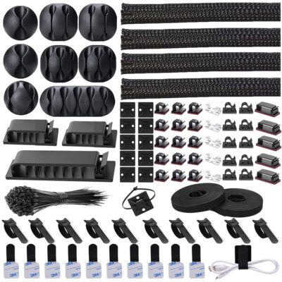 N NOROCME 192 PCS Cable Management Kit 4 Wire Organizer Sleeve,11 Cable Holder,35Cord Clips 10+2 Roll Cable Organizer Straps and 100 Fastening Cable Ties for Computer TV Under…