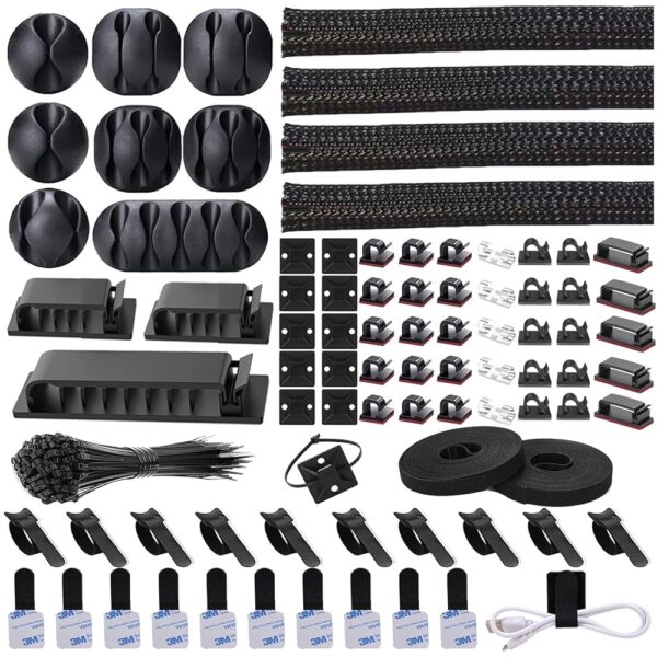 N NOROCME 192 PCS Cable Management Kit 4 Wire Organizer Sleeve,11 Cable Holder,35Cord Clips 10+2 Roll Cable Organizer Straps and 100 Fastening Cable Ties for Computer TV Under...