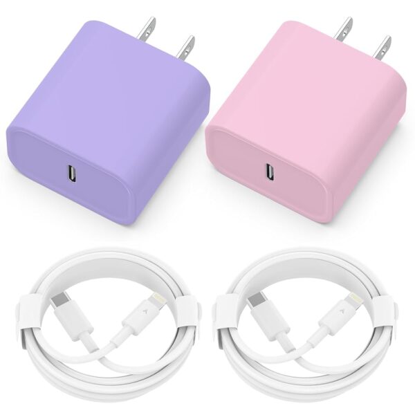 Phone Charger, 2 Pack 20W PD USB C Wall Fast Charger Adapter with 2 Pack 6FT Type C to Ligh.tning Cable Compatible for Phone 14 13 12 11 Pro Max XR XS X,i.Pad (Pink+Purple)