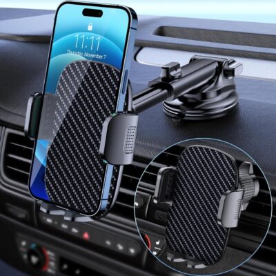 Qifutan Car Phone Holder Mount Phone Mount for Car Windshield Dashboard Air Vent Universal Hands Free Automobile Cell Phone Holder Fit for iPhone Smartphone Carbon Fiber