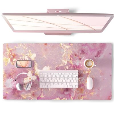 QIYI Large Mouse Pad, Cute Pink Desk Mat for Desktop, Women Girls PU Leather Waterproof Gaming, Rose Gold Marble Computer PC Laptop Protector Writing Pads for School Office Home…