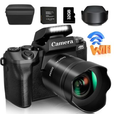 Saneen Digital Camera, 4k Cameras for Photography & Video, 64MP WiFi Touch Screen Vlogging Camera for YouTube with Flash, 32GB SD Card, Lens Hood, 3000mAH Battery, Front and…