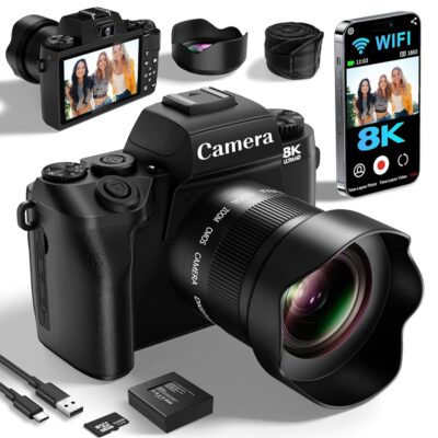 Saneen Digital Camera, 8k Cameras for Photography, 64MP WiFi Touch Screen Vlogging Camera with Flash, 32GB SD Card, Lens Hood,3000mAH Battery, Front and Rear Cameras,Hot Shoe…