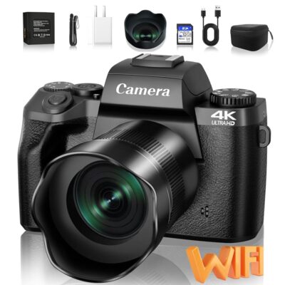 Saneen Digital Camera for Photography, 4K 64MP WiFi Touch Screen Vlogging Camera with Flash, 32GB SD Card, Lens Hood, 3000mAH Battery, Front and Rear Cameras, 4″Big Screen, Hot…