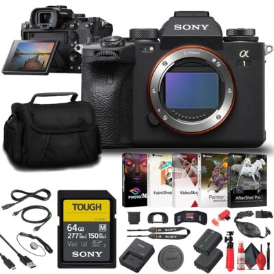 Sony a1 Mirrorless Camera (ILCE-1/B) + 64GB Card + Bag + NP-FZ100 Compatible Battery + Corel Photo Software + Flex Tripod + Hand Strap + Memory Wallet + Cap Keeper + Cleaning…