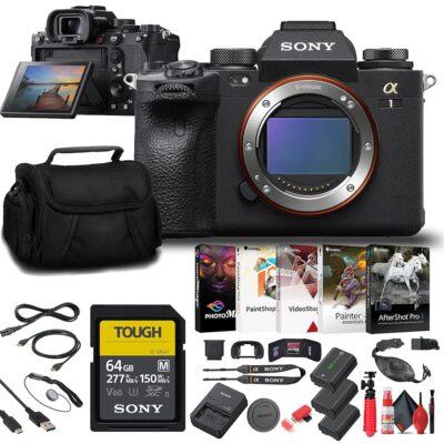 Sony a1 Mirrorless Camera (ILCE-1/B) + 64GB Memory Card + Bag + 2 x NP-FZ100 Compatible Battery + LED Light + Corel Photo Software + Flex Tripod + Hand Strap + Cap Keeper + More…