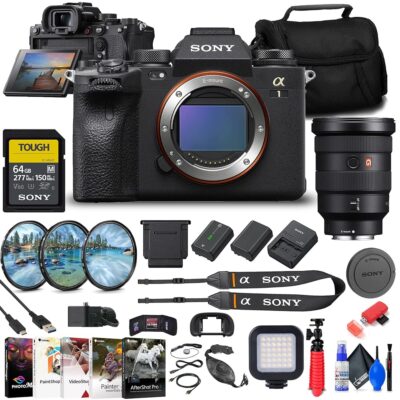 Sony a1 Mirrorless Camera (ILCE-1/B) + Sony FE 16-35mm Lens (SEL1635GM) + 64GB Card + Filter Kit + Bag + NP-FZ100 Compatible Battery + LED Light + Corel Photo Software + Flex…