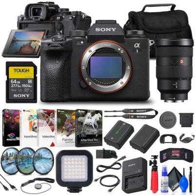 Sony a1 Mirrorless Camera (ILCE-1/B) + Sony FE 24-70 Lens + 64GB Card + Filter Kit + Bag + NP-FZ100 Compatible Battery + LED Light + Corel Photo Software + Flex Tripod + Hand…