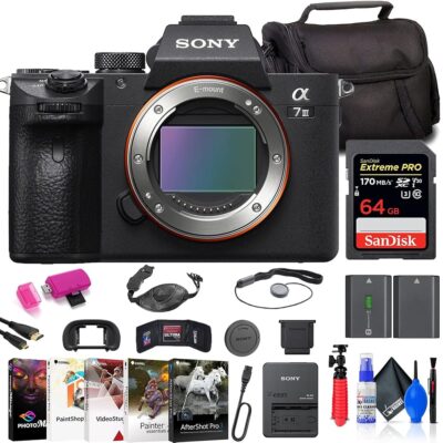 Sony a7 III Mirrorless Camera (ILCE7M3/B) + 64GB Memory Card + Bag + NP-FZ100 Compatible Battery + Card Reader + Corel Photo Software + Flex Tripod + Hand Strap + Memory Wallet…