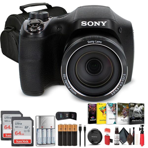 Sony Cybershot DSC-H300 Digital Camera (Black) (DSCH300/B) + 2 x 64GB Memory Card + Card Reader + Corel Photo Software + Case + Flex Tripod + 4xAA Batteries + Memory Wallet +...