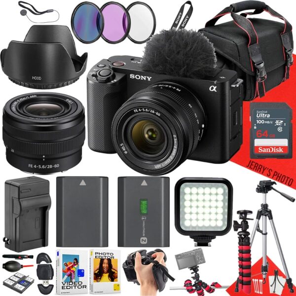 Sony ZV-E1 Mirrorless Camera with Sony FE 28-60mm f/4-5.6 Lens + 64 GB Memory + LED Light + Spider Tripod + Camera Case + Tripod + Card Reader + Extra Battery + More (27pc Bundle)