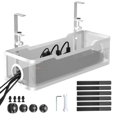 Under Desk Cable Management Tray White, Cinati Cable Management Under Desk No Drill, Cable Tray with Clamp for Desk Wire Management,Desk Cable Management Box for Office, Home -…