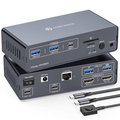 USB C Docking Station with KVM Switch 2 Monitors 2 Computers 4K@60Hz HDMI EDID KVM Switches Dual Monitor for 2 Mac or Laptops Share a 1G Ethernet 5 USB A/C Devices and…