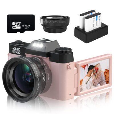 VETEK Digital Cameras for Photography, 4K 48MP Vlogging Camera 16X Digital Zoom Manual Focus Students Compact Camera with 52mm Wide-Angle Lens & Macro Lens, 32G Micro Card and 2…