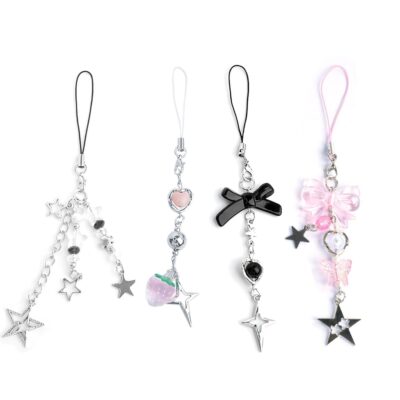 1-4PCS Cute Phone Charms Aesthetic Y2K Cell Phone Charms Strap Pink Strawberry Butterfly Star Phone Charm Y2K Accessories for Phone Bag Keychain Airpods Camera Pendants Decor