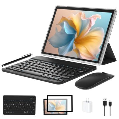 10 inch Android 13 Tablet, 6GB RAM 64GB ROM 1TB Expand, 2 in 1 Tablets with Keyboard, Case, Mouse, Stylus, 1280×800 IPS Touch Screen, 2.0GHz Quad-Core, WiFi 6, Bluetooth5.0,…