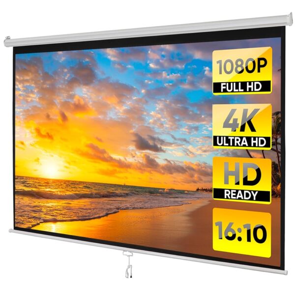 100 Inch Projection Screen Outdoor Indoor 16:9 HD Foldable Manual Pull Down Projector Screen for Movie Home Backyard Theater Cinema Office Video Game, White