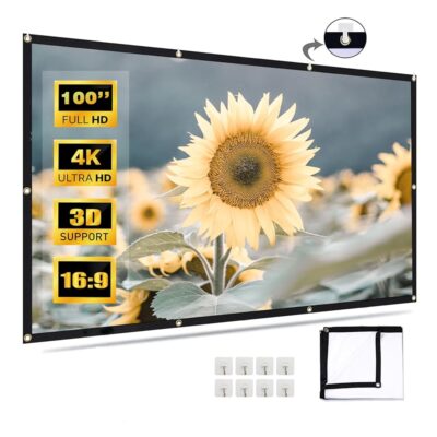 100 Inch Projector Screen, VenirCool Portable Outdoor Movie Screen, Anti-Crease Foldable Double Sided Projection Screen for Home, Office, Classroom – 84-120 Inch Compatible,…