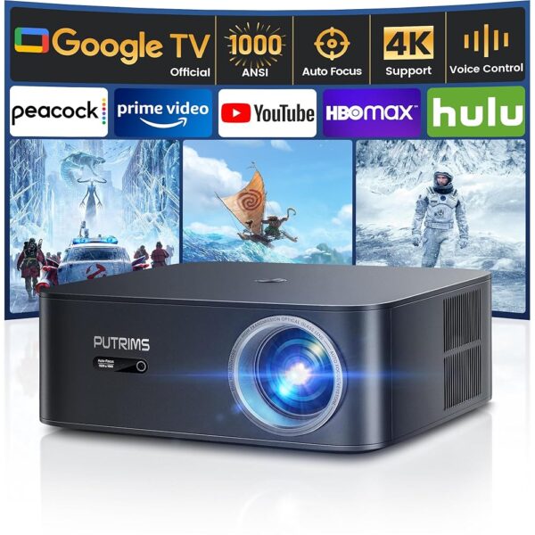 [1000 ANSI/Google TV]Smart Projector with WiFi 6 and Bluetooth, Netflix-Licensed 4K Support, Outdoor Movie Proyector, 1080P Home Ceiling Auto Focus Projector, Tech Gift for...