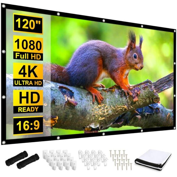 120 inch Projector Screen, 16:9 Foldable Anti-Crease Portable Projection Movies Screens, Double Sided Washable Outdoor Projector Screen for Home Theater, Camping Party, Office