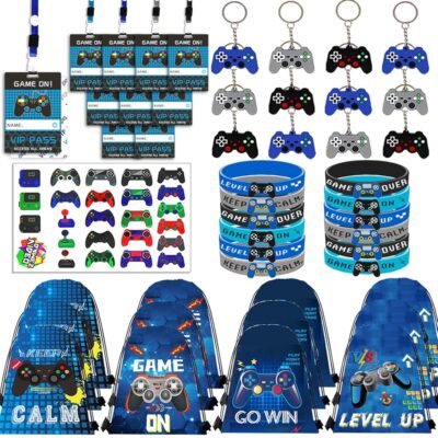 122Pcs Video Game Party Favors, Gamer Party Favors for Boys Includes 13 x 11 Inch Video Game Party Drawstring Bags Bracelets VIP Passes with Lanyards Keychains Tattoo Stickers…