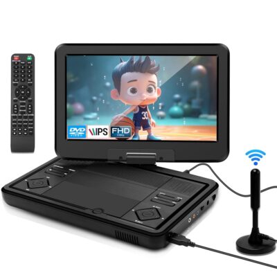 12.5″ Portable TV/DVD Player – 10.1″ FHD IPS Swivel LED Screen, Digital Tuner/HDMI/USB/AV, Built-in Battery, High Volume Speakers – Perfect for Car/Travel