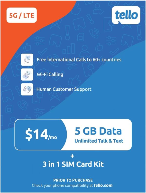 $14/Month - 5GB Data + Unlimited Minutes & Texts | Tello Mobile US Prepaid Phone Plan | Bring Your Own Phone Kit | 3 in 1 SIM Card Included | US Nation-Wide 4G LTE/5G Coverage