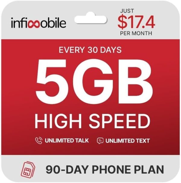 $14.5/Month | Infimobile Prepaid Plan: 3 Months | 5GB High-Speed Data Per Month | Unlimited Talk & Text | Prepaid Plan Service SIM Card | Nationwide Coverage | 4G, 5G Network